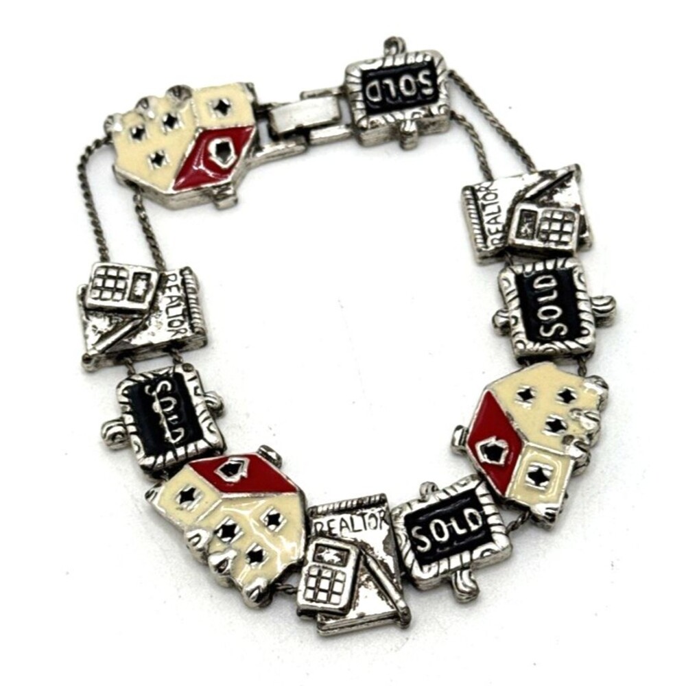 Vintage Realtor Enamel Slide Charm Bracelet Red White Black Silver Tone 7.5"